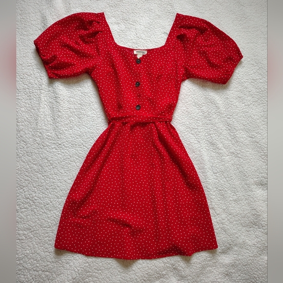 Monteau LA Women's Medium Red Polka Dot Puff Sleeve Faux Button Midi Dress w Tie - Picture 5 of 11